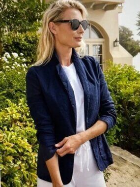 Frank & Eileen Dublin Blazer Women's XL Navy Blue Open front Stretch Cotton Flax